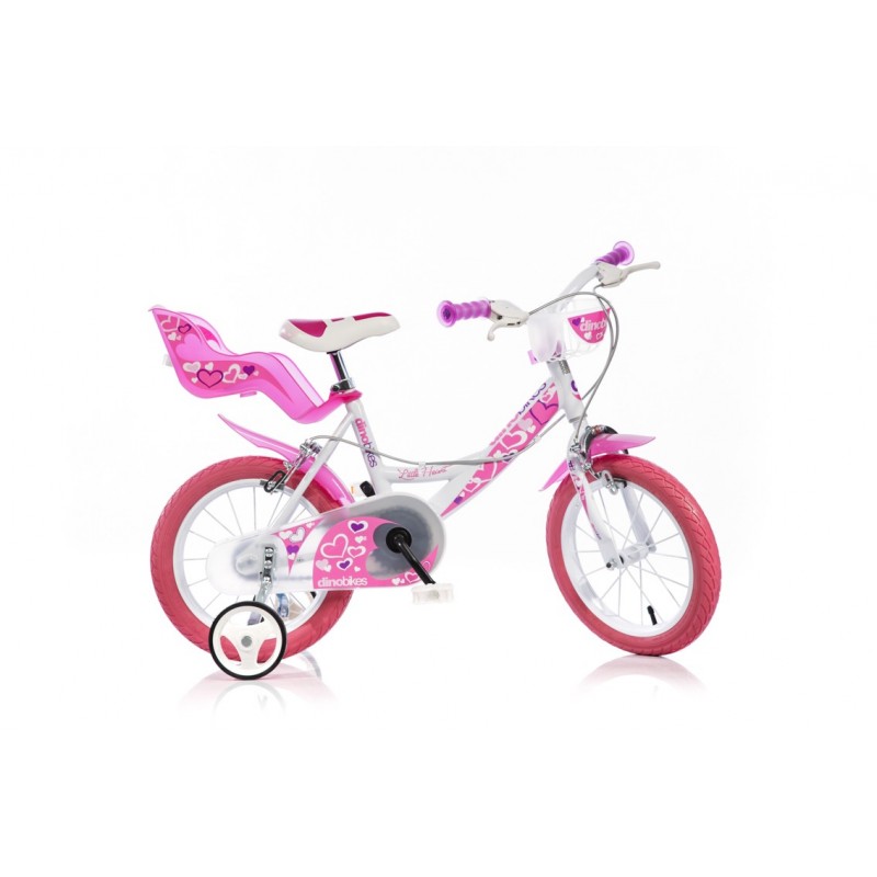 Bicicleta pentru fetite Dino Bike 144RN-05LH cu inimioare de marime 14", cu scaunel, cosulet, frana dubla si roti ajutatoare - 1