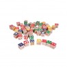 Cuburi din lemn MalPlay cu litere,cifre si diferite simboluri cu saculet pentru depozitare,Multicolor,50 bucati
