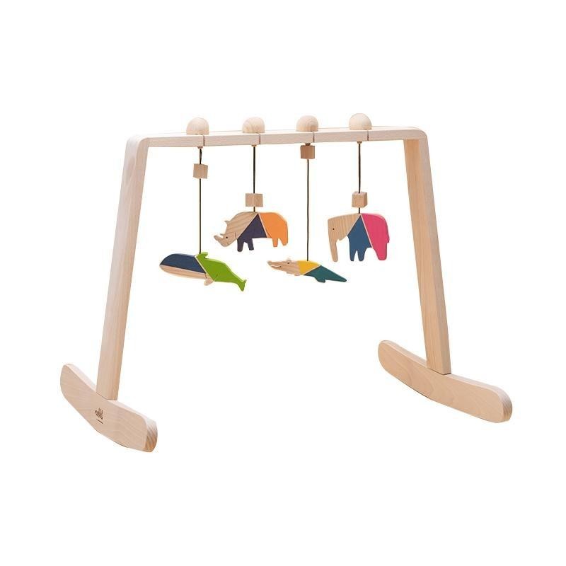 Centru de activitati Montessori cu 4 animale multicolore de jucarie, din lemn, Mobbli activitati